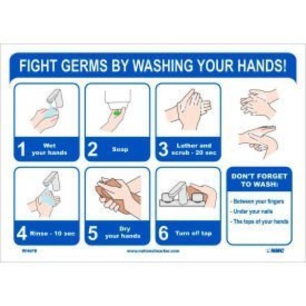 Nmc Fight Germs By Washing Your Hands Sticker, 10" X 14", Vinyl Adhesive, WH6PB WH6PB
